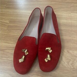 Stuart Weitzman Red Suede Loafers with Gold Accents